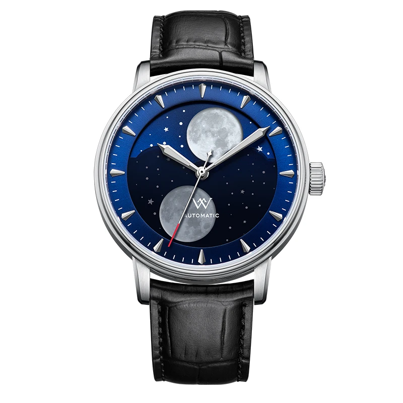 WM-Montre Mécanique existent Welly Merck pour Homme, Montre Lunaire, Phase de Lune, Saphir, Étanche, Shoous Twin Moons WM142