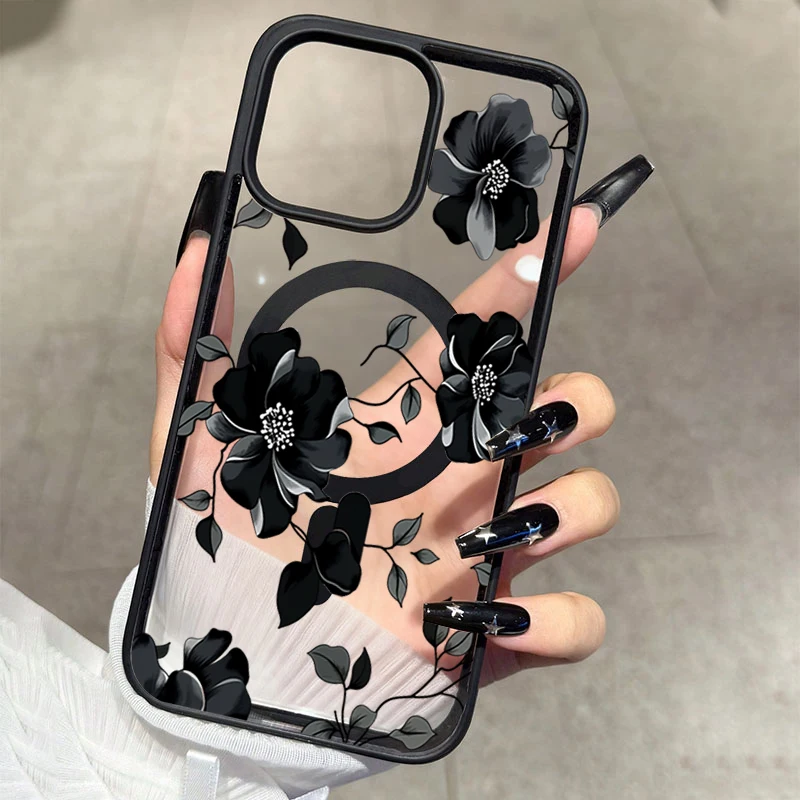Elegant Black Floral Magnetic Phone Case For iPhone 17 16 Pro 15 Plus 14 13 12 11 16 Pro Max  Air 17E 16E Shockproof Back Cover