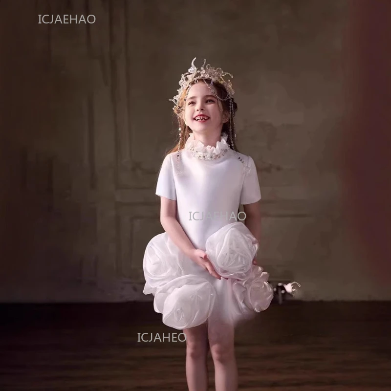 שמלת מסיבה לבנה ילדים בנות נסיכה הופעת פסנתר שמלת מנחה תחרות בגדי יום הולדת רשמיים ערב הופעה