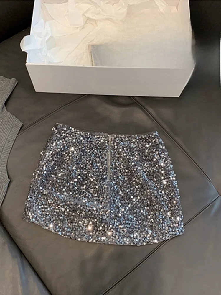 Silver ey High Waist iny Sequin Women's  Skirt Sexy Pure Desire A-Line Skirt Bodycon Anti-Light ort Skirt