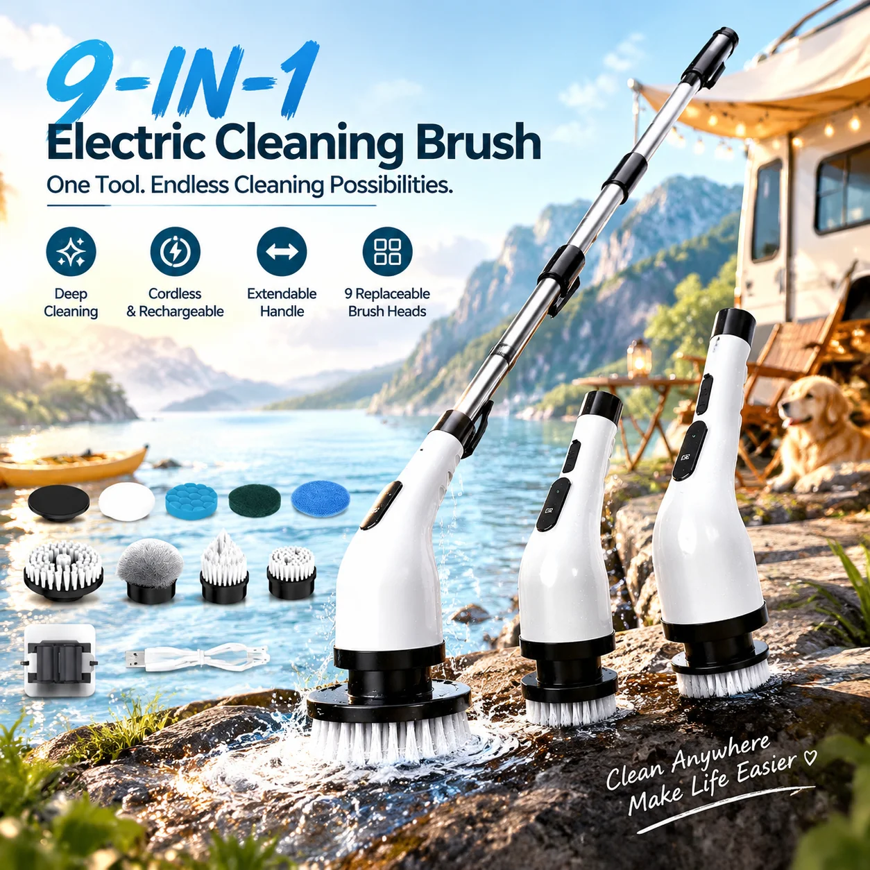 Multi-Function 9-In-1 Scrubber Kit With Extension Handle And Replacement Pads For Tile, Grout, And Bathtub