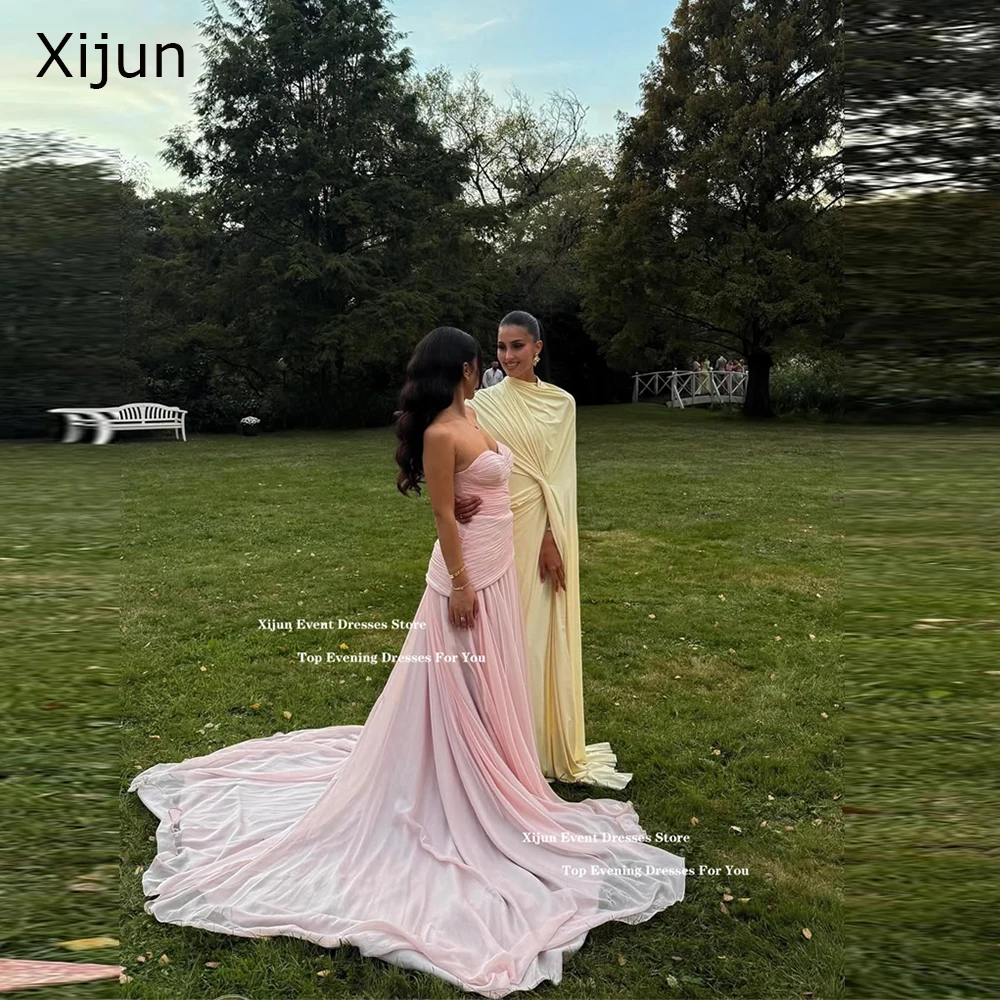 

Xijun Pink Chiffon Long Evening Dresses Sweetheart Sleeveless Formal Prom Dresses Pleated Dubai Prom Gowns 2025 Women Customized