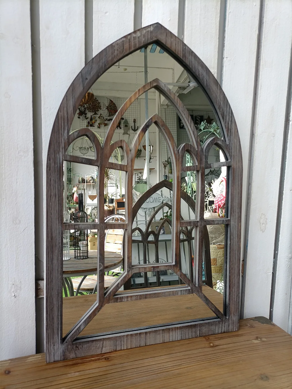 Cathedral Style Decorative Mirror, Fake Window, Vintage Wooden Frame, 18x28 Inches