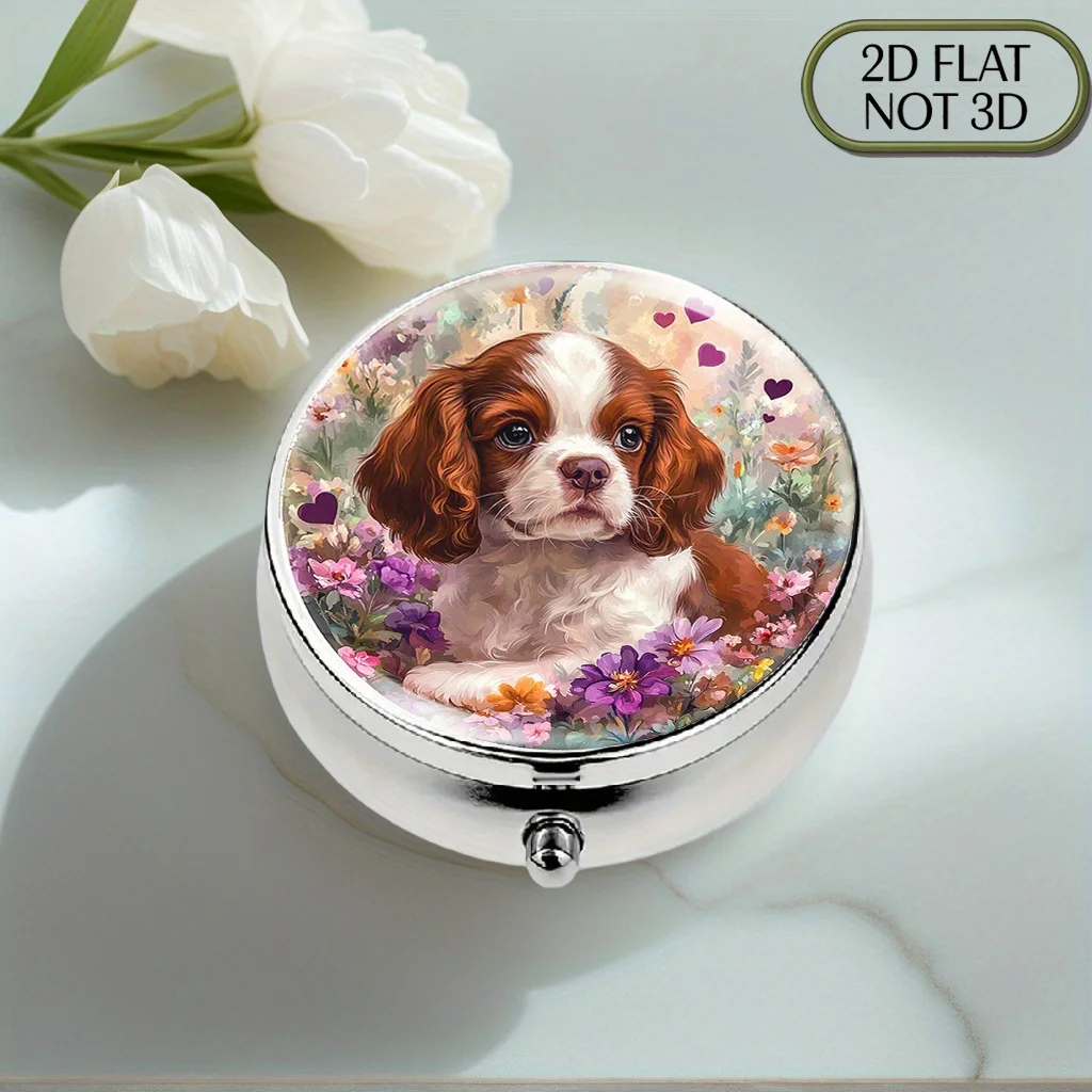 Single-sided portable round metal pill box, featuring cute brown and white Caesar puppy designs, decorated with soft pastel-colored flowers and hearts