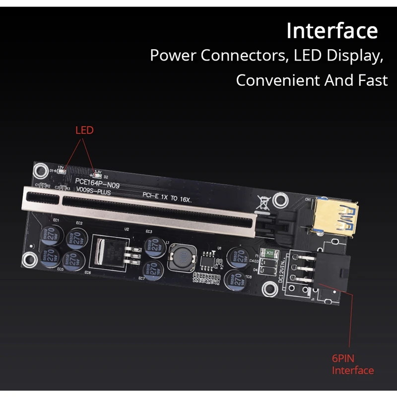 5Pcs VER009S Plus PCI Express 1X To 16X PCI-E Riser Card SATA 6Pin Power 0.6M USB 3.0 Cable For BTC LTC Mining