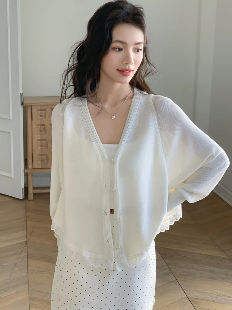 

Летний тонкий длинный открытый кардиган из ледяного шелка с защитой от солнца, свободный женский вязаный топ с юбкой на бретелях, повседневный мягкий Fa...