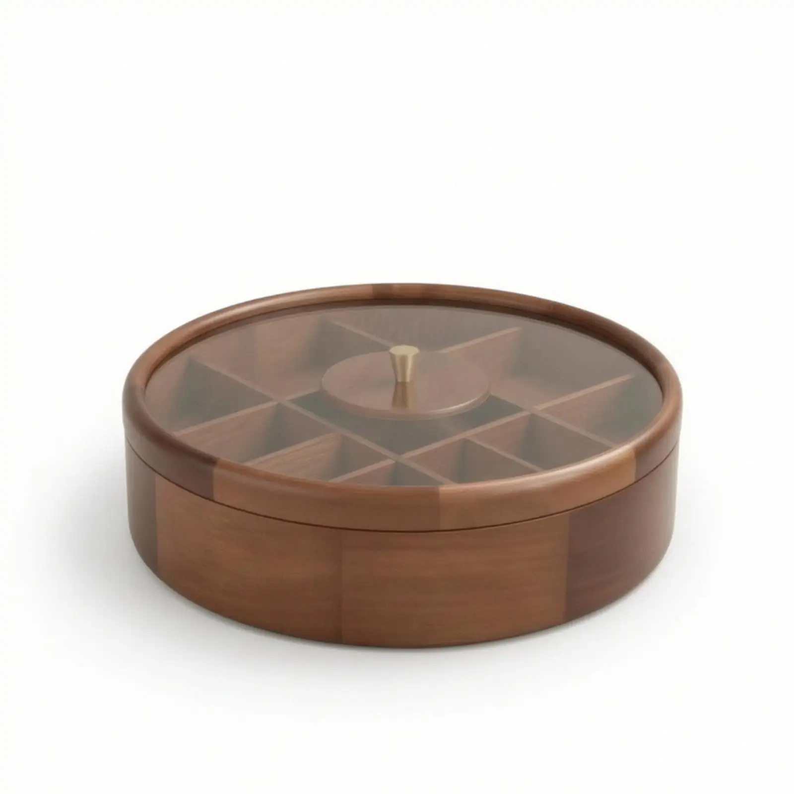 Round Wooden Snack Tray Nine Compartment Candy Box with Clear Cover for Holiday Party Serving