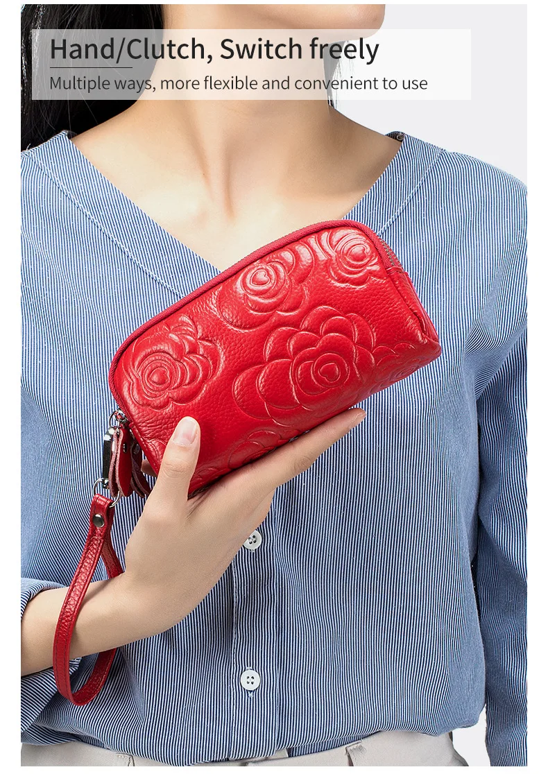 Genuine LEATHER Coin Wallet Triple Zip Women Zipper Pouch Keychain Floral Clutch Bag Cell Phone Bag Luxury Clutch Bag