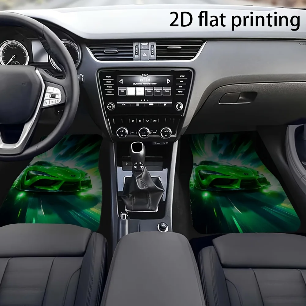 4pcs Car Floor Mats, Green Sports Car Dynamic Speed Pattern, Polyester Fiber Material, Universal Fit Car Floor Liners, Car Decor