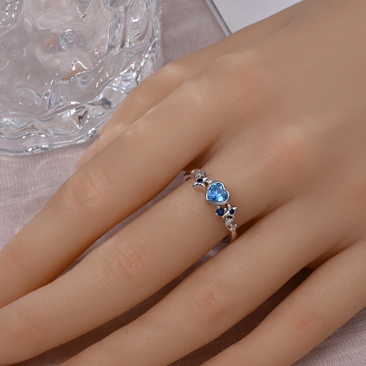 Real 925 Sterling Silver Celestial Blue Sparkling Moon Ring for Women Silver Jewelry