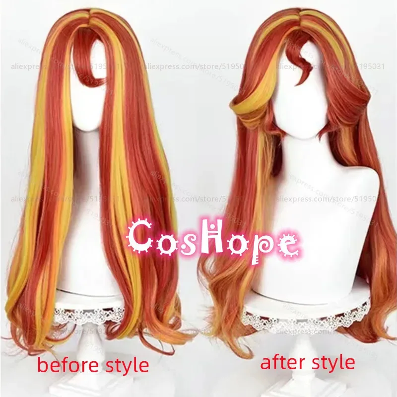 Sunset Shimmer Sunshim Curly Wave Naranja Rojo Amarillo Peluca Anime Cosplay Pelucas Resistente al Calor Syk;3,c'5.b;8'