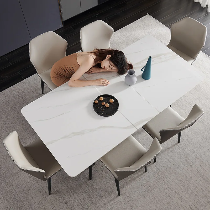 

Rock slab dining table and chair combination household small apartment modern simple light luxury rectangular Nordic retractable