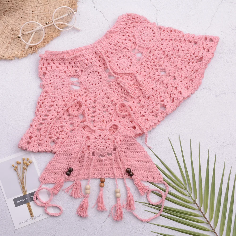 Bikini perlé au crochet fait à la main pour filles, maillot de bain fendu, jupe courte, maillots de bain de plage, collège, bricolage, 2 pièces