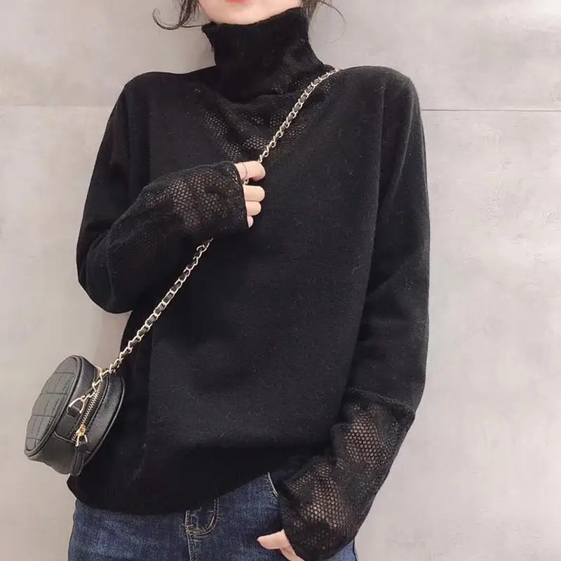 Korean Elegant High Collar Hollow Basic Knitted Sweater for Women Fashion Solid Loose Long Sleeve Pullovers Tops Jumper Clothing