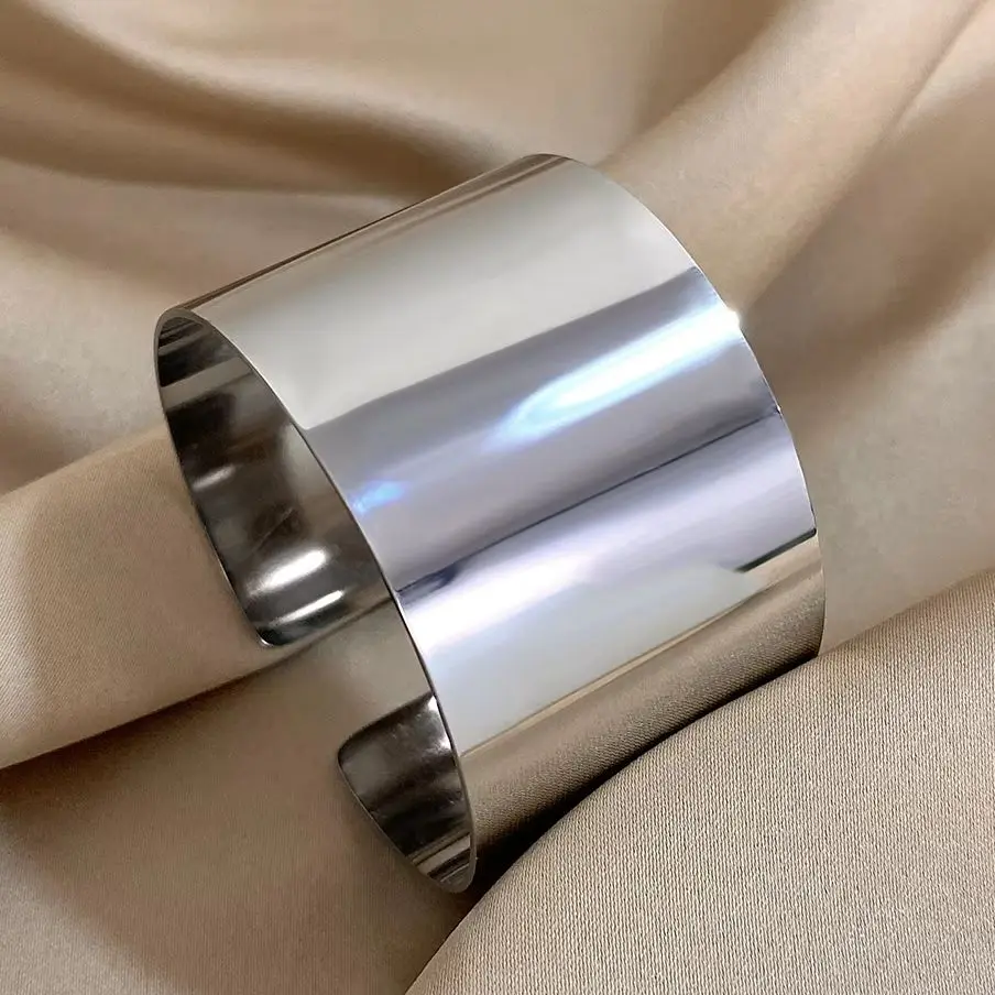 Glossy Gold  Plated Stainless Steel Large Wide Cuff Bangles Vintage Punk Smooth Large Bracelets for Women Men Simple Jewelry