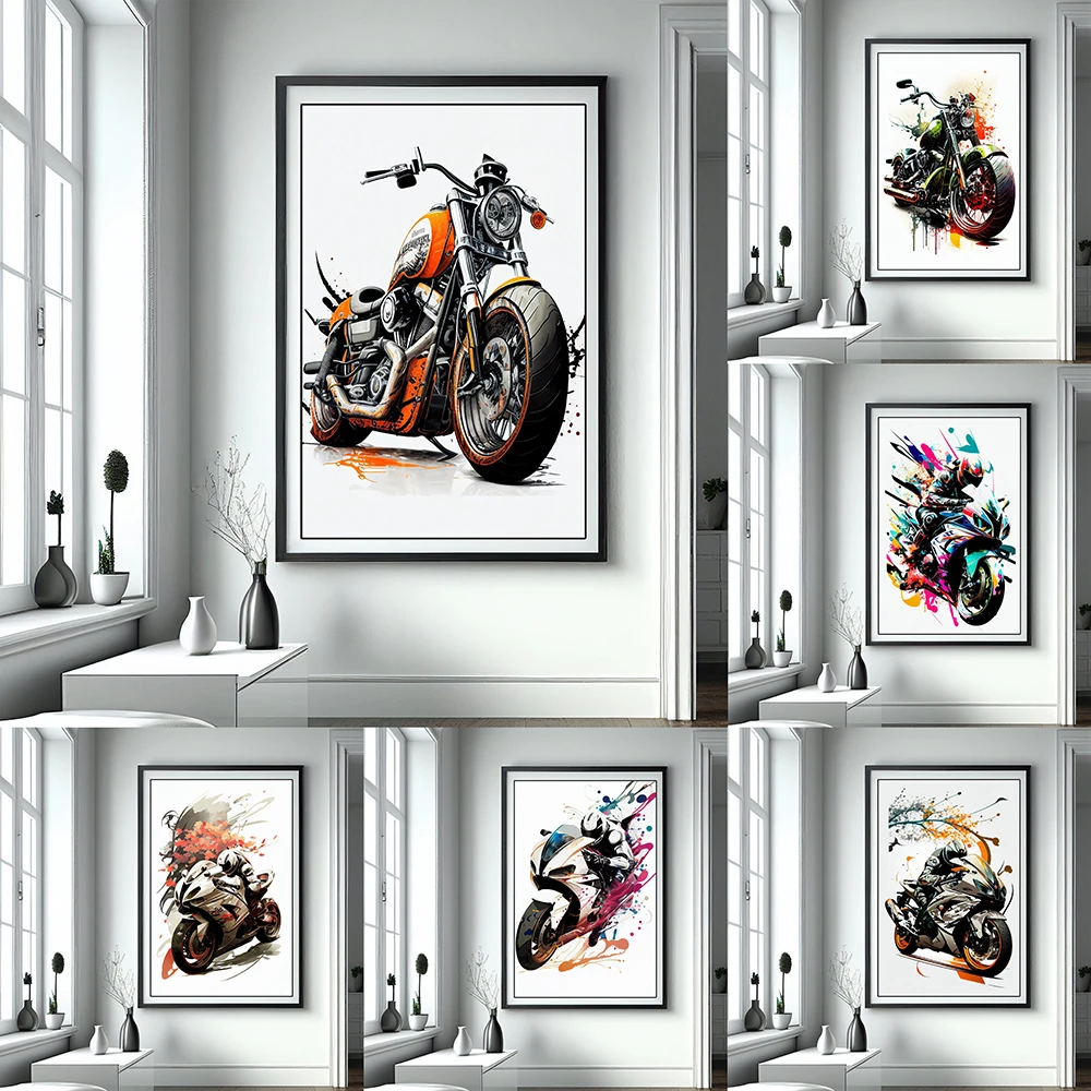 

Modern Motorcycle Street Graffiti Canvas Painting Sport Bike Watercolor Poster Abstract Racing Wall Art Print Gaming Room Decor