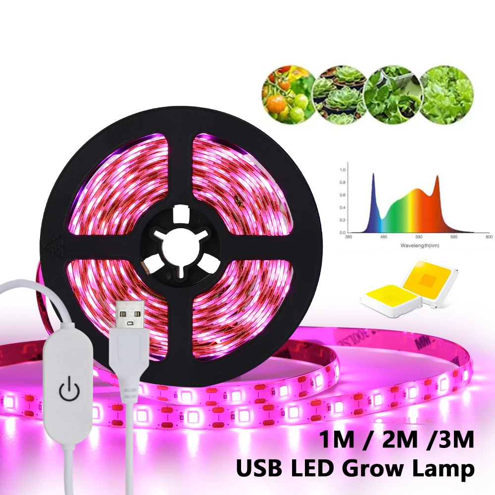 luz de tira led de espectro completo phytolamp hidroponico para plantas growbox ip65 impermeavel 5v usb 3m 01