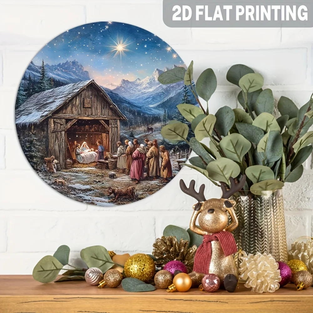 2D Flat - A Round Aluminum Metal Sign Measuring 8X8 Inches, Showcasing a Classic Nativity Scene That Illustrates The Birth of Ch