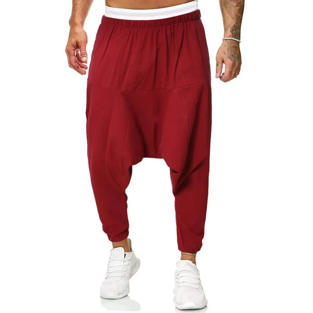 Deep Crotch Men Harem Pants Solid Color Ankle-banded Baggy Loose Elastic Waist Ankle-tied Pleated Sweatpants Men Baggy Trousers