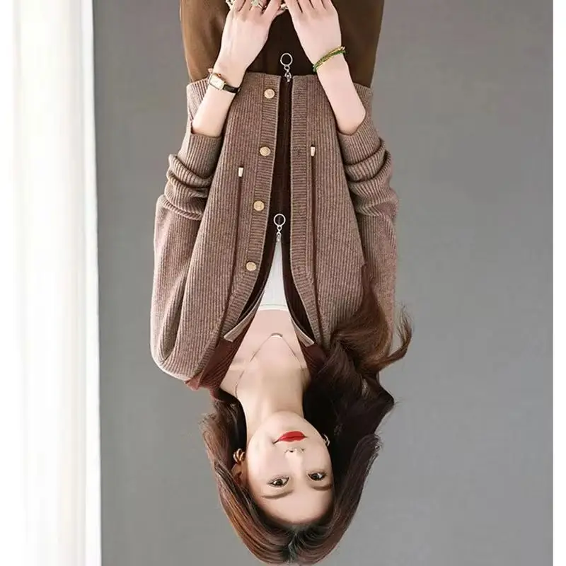 

Hooded Cardigan Sweater Coat Women Spring Autumn Fashion Color Matching Fake Two Short Knitted Sweater Jacket Female Tops