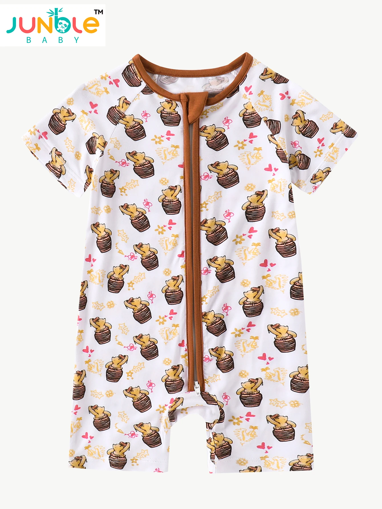 Baby bamboo fiber soft and thin fabric one-piece suit with bear and honey print, reversible foot covers and double zippers