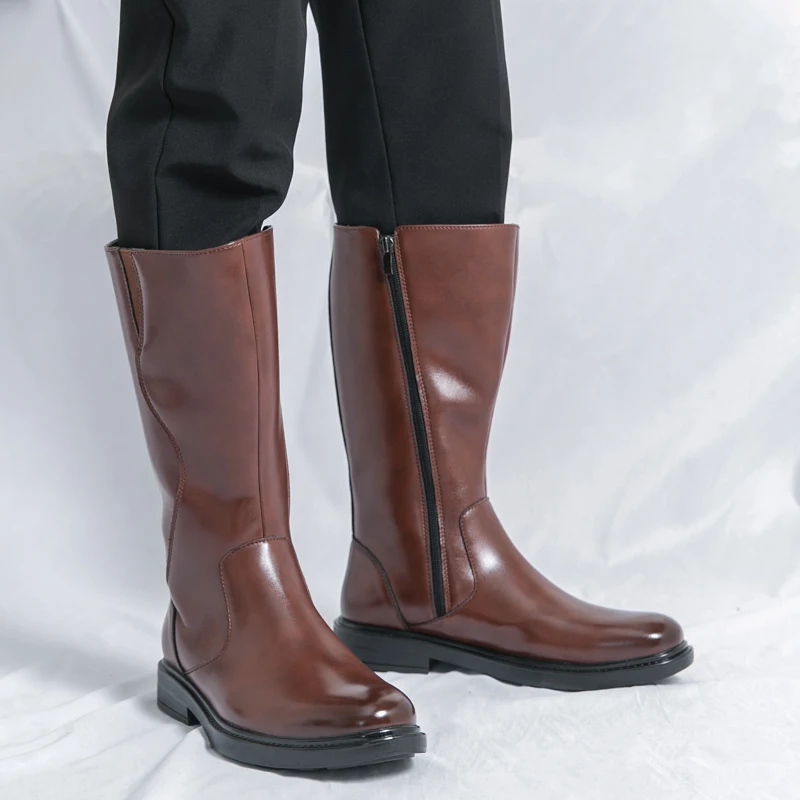 Men Casual Long Leather Boots Round Toe Side Zipper Tall Boots Comfortable Non Slip Fashion Versatile Knee High Boots For Daily