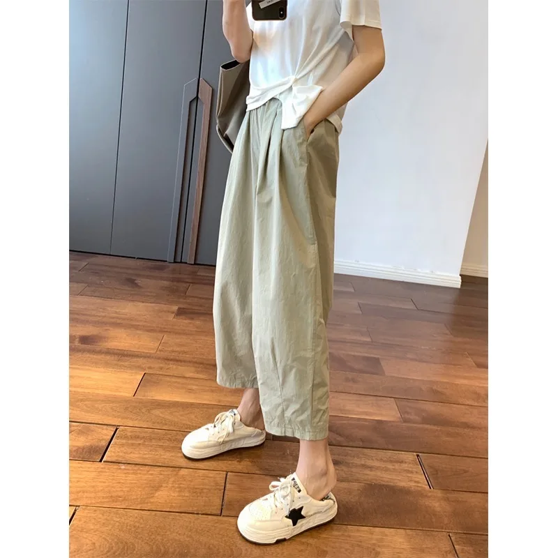 Pantaloni da Donna in Cotone e Lino Stile Harajuku, Larghi, a Tre Quarti, Versione Coreana, Vita Alta Elasticizzata, Novità Estiva