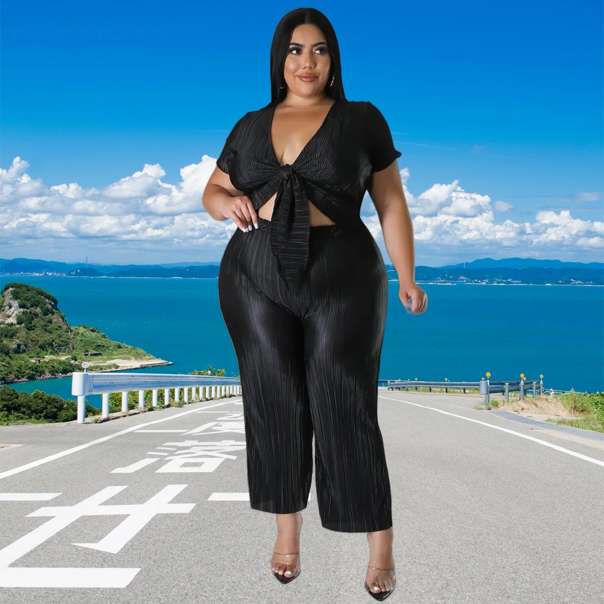 L-4XL 2024 Summer African Fashion Pleated Bandage Short Sleeve Top and Pant Suits Sexy Plus Size Two Piece Sets Women Clothing