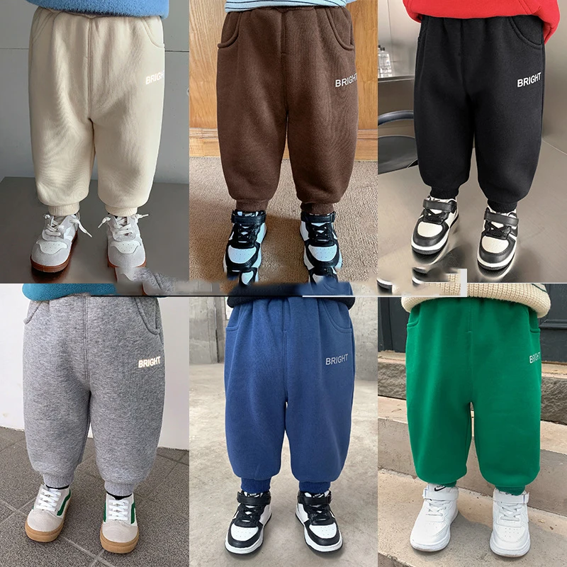 2024 Winter Kids Boys Pants Fleece Letter Solid Pocket Loose Versatile Toddler Boys Sports Pants 2-8 Years Children Boy Trousers