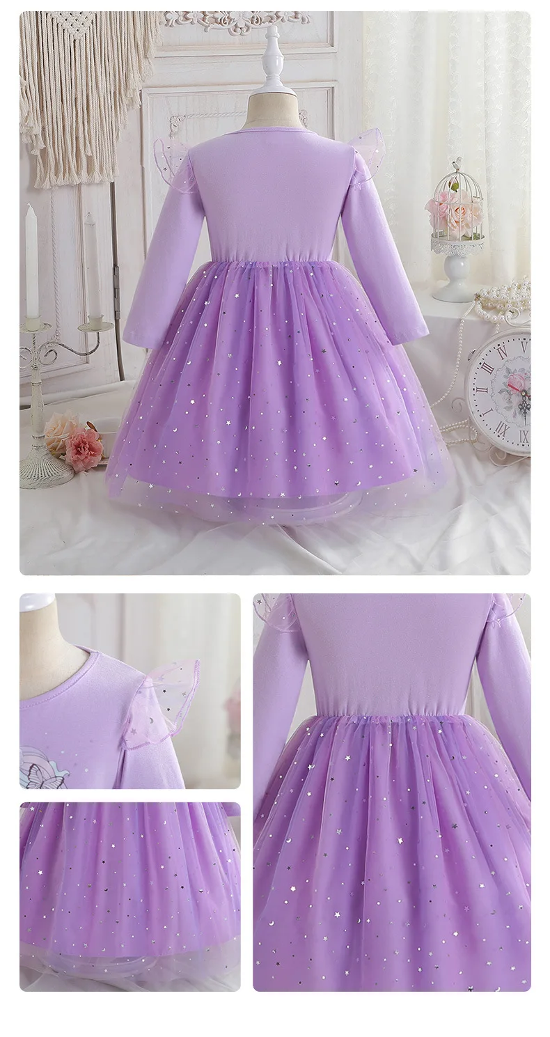 2024 Spring Summer Baby Girl Long Sleeve Princess Dress New Kid Cartoon Unicorn Party Costume Outfits Children Clothing Vestidos