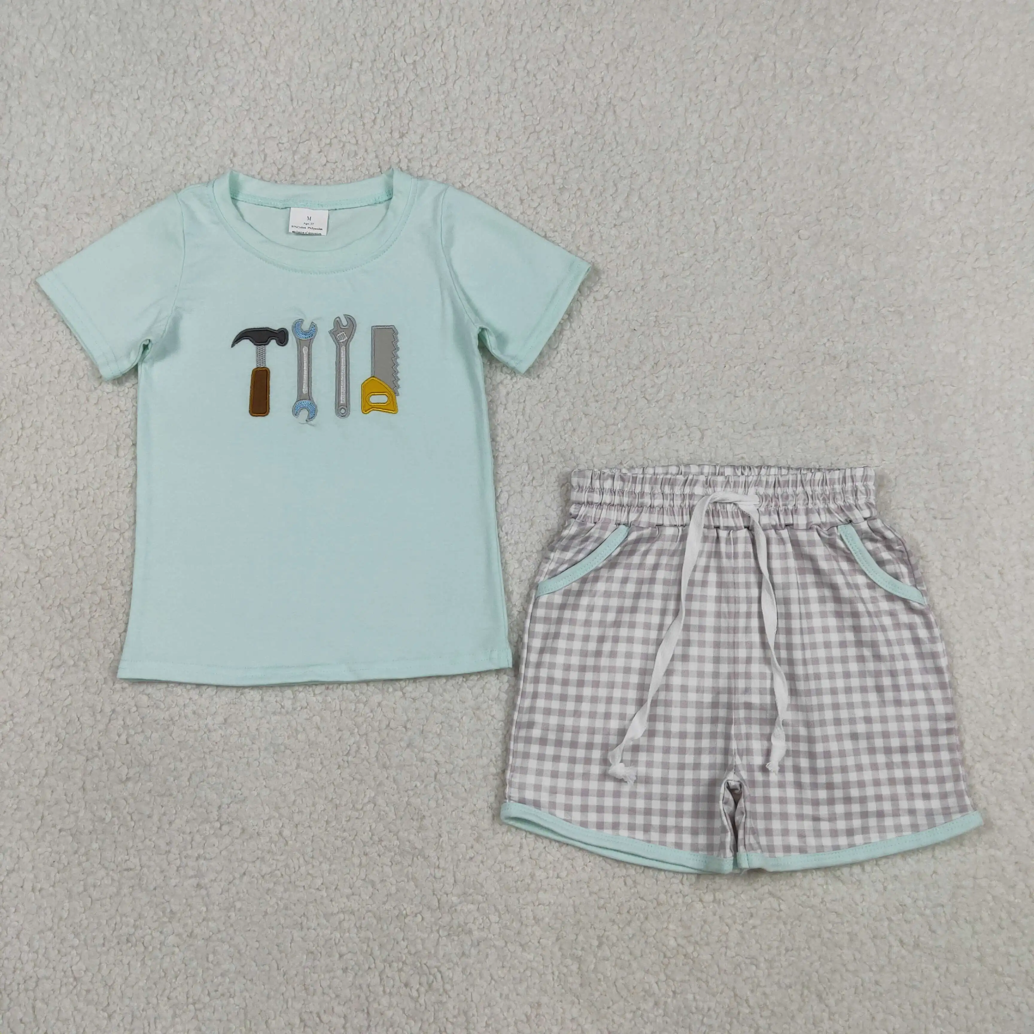 Wholesale Baby Boy Short Sleeves Embroidery Tools  Shirt Tee Children Kids Set Plaid Shorts Boys Toddler Outfit Summer Clothes