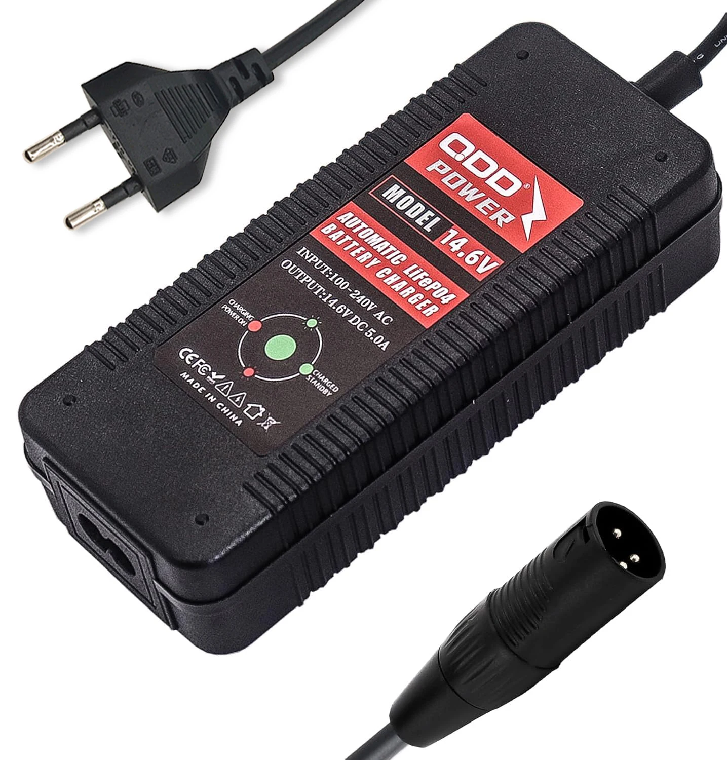 QDD 14.6V 5A Battery Charger for 12V 12.8V 14.6V LiFeP04 Battery Pack Input 100-240V with XLR 1+2- Connector