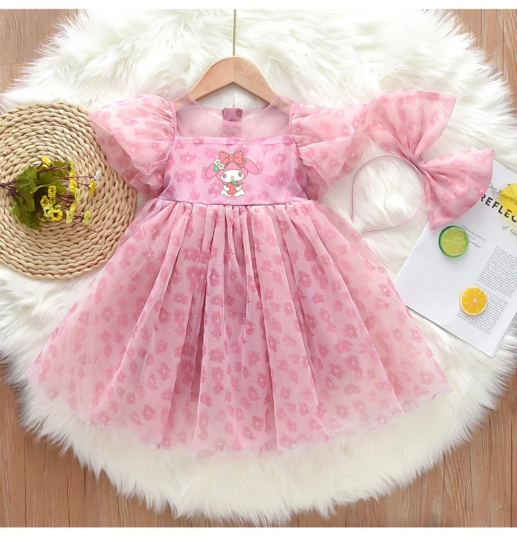 New Sanrio Hello Kitty My Melody Children Dress Summer New Short-Sleeved Girl Princess Dress Cute Mesh Tutu Skirt Children Gift