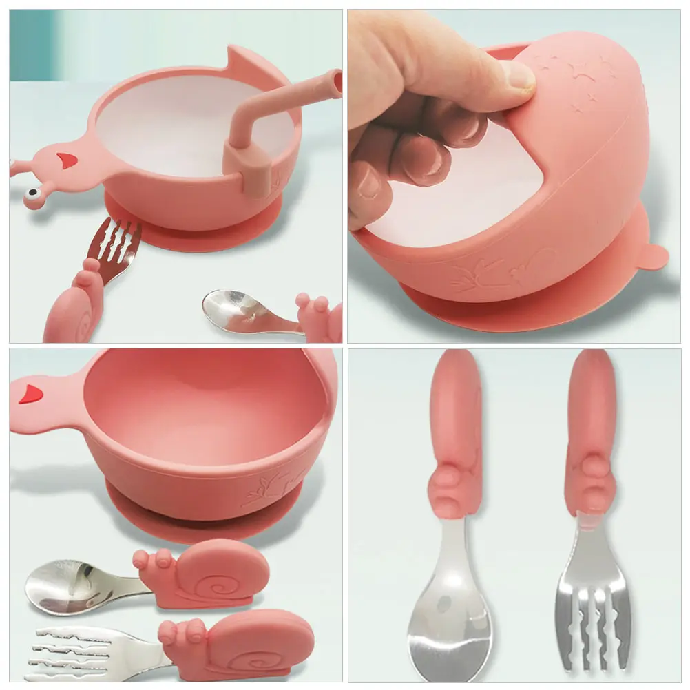 

Snail Silicone Dinner Plate Cartoon Tableware Toddler Eating Training Cutlery Set Straw Non Slip Easy Clean Dishwasher Safe