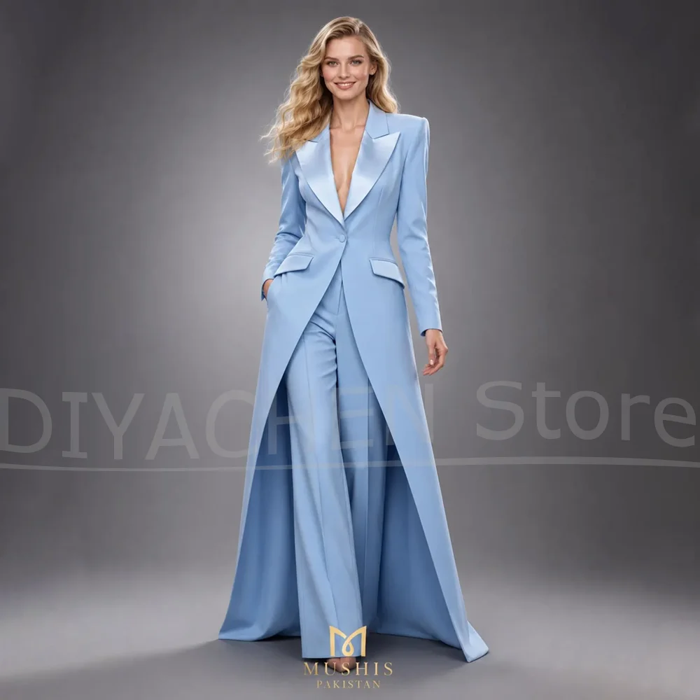 Elegant Women 2 Piece Suit Satin Peak Lapel Long Blazer And Wide Leg Pants Set Formal Evening Wedding Party Lady Tuxedo