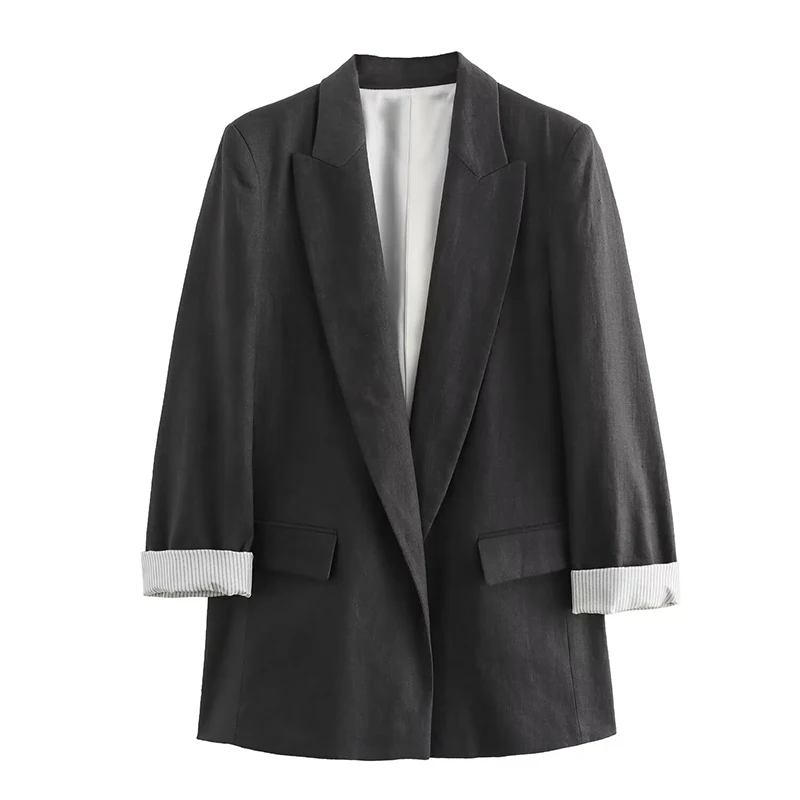 ZHUISHU Wiosna Jesień Damska lniana marynarka Casual Roll Sleeves Luźna, wszechstronna dekoracja kieszeni Płaszcz garniturowy