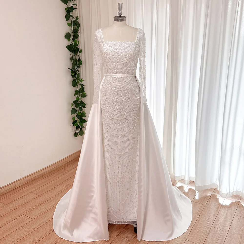 Elegant Pearl Evening Dress for Women with Detachable Skirt Luxury Arabia Long Sleeves Formal Prom Wedding Party Gown Customized image 5