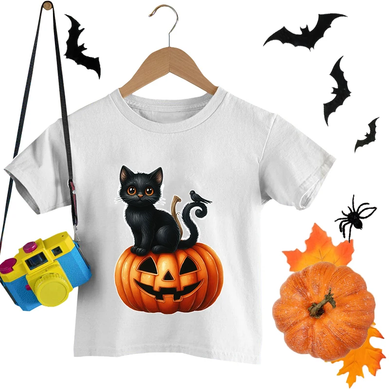 

Halloween Pumpkin Black Cat Print T-shirts Children Boys Girls Happy Halloween T-shirt Short Sleeves Round Neck Tee Shirt