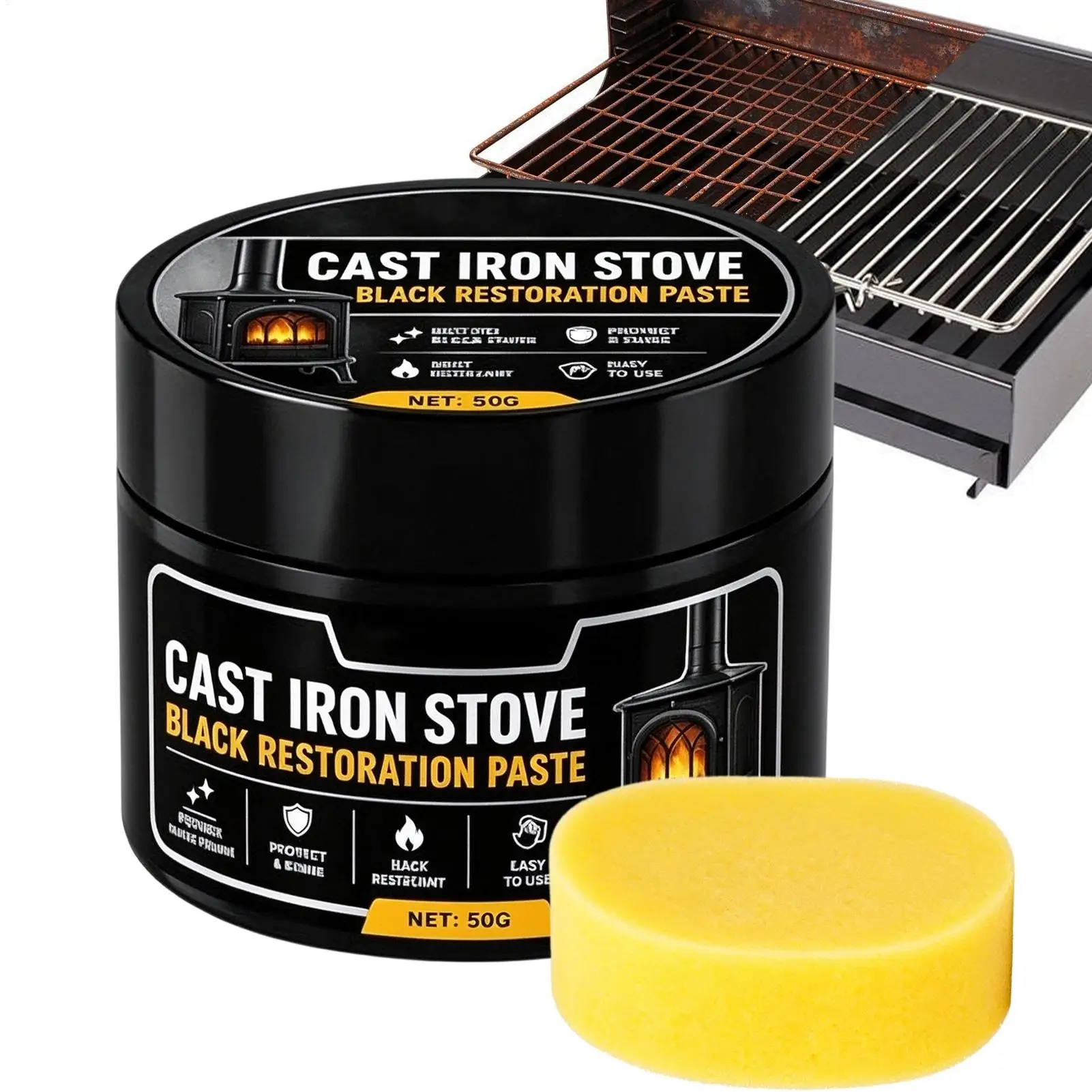 50g  Black Stove Polish with Sponge Heat Resistant Paint Wood Burning Stove Grate Restorer Paste for Fireplace Cast Iron BBQ