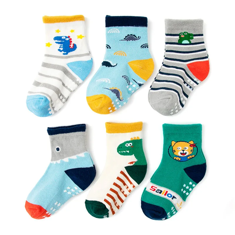 6 Pairs Kids Boys Non-Slip Socks Cute Cartoon Pattern Breathable Comfy Children Floor Socks For All Seasons