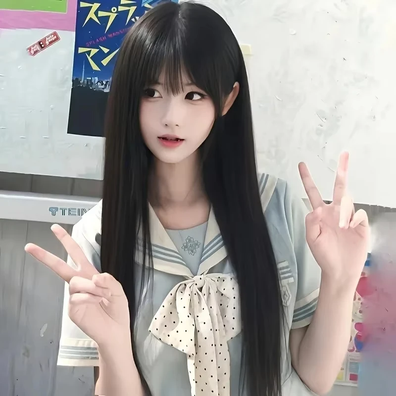 Black synthetic wig with long straight hair - Halloween party cosplay hair accessory - everyday wig - high temperature hair band