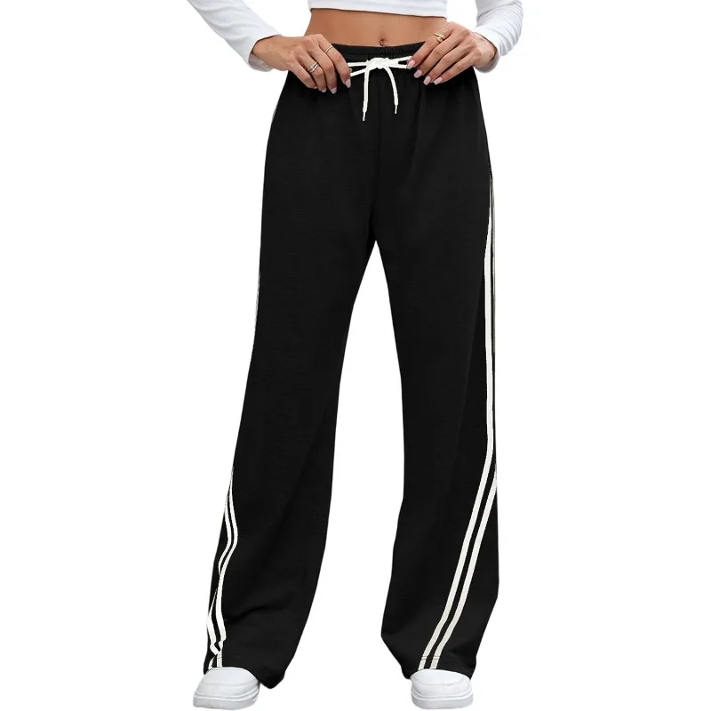 

2025 Autumn Striped Patchwork Loose Casual Pants Women High Waist Drawstring Versatile Concise Street Straight Leg Trousers