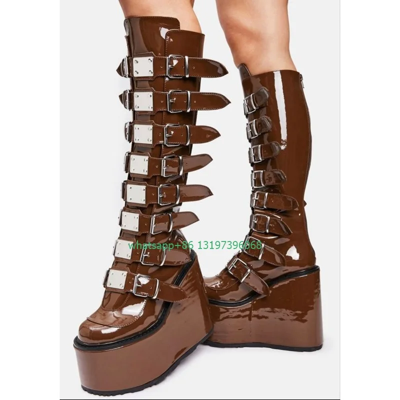 Lady brown PU height platform knee boots party Y2K style boots Mary Janes elegant punk style boots vintage dress boots size 46