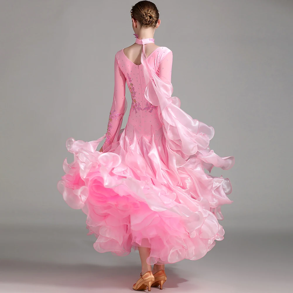 Abiti da ballo Abiti da competizione standard verde scuro Stelle filanti Abito da ballo da sala Torneo Costume di scena rosa Decalcomanie rosse