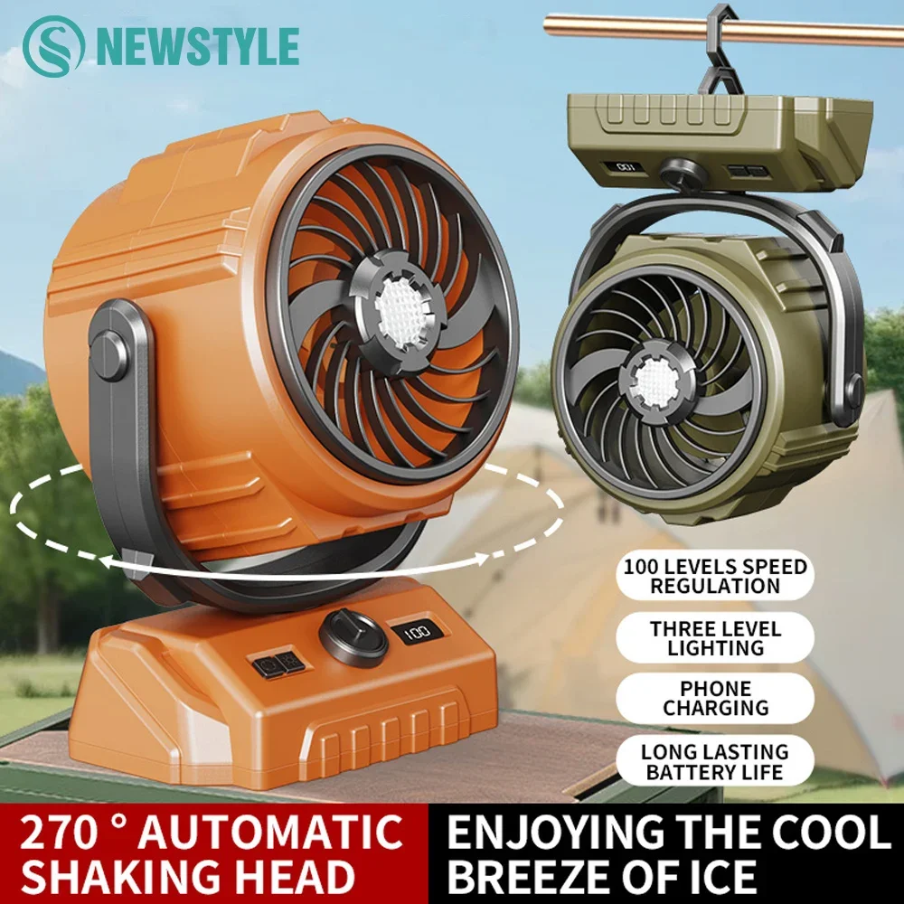 

Новый уличный вентилятор для кемпинга, 6000 мАч, автоматический потолочный вентилятор с качающейся головкой, 3-скоростной светодиодный ночник, 100-скоростной ветер, зарядка вашего телефона