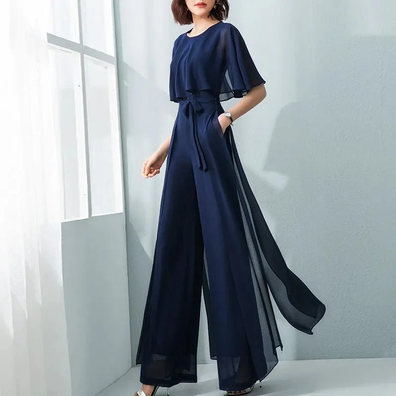 Lotusblatt-Ärmel-Overall für Damen, Sommer, lang, 2023, neuer Chiffon-Overall, breites Bein, Set, Temperament-Overall, weiblicher Body, Blau