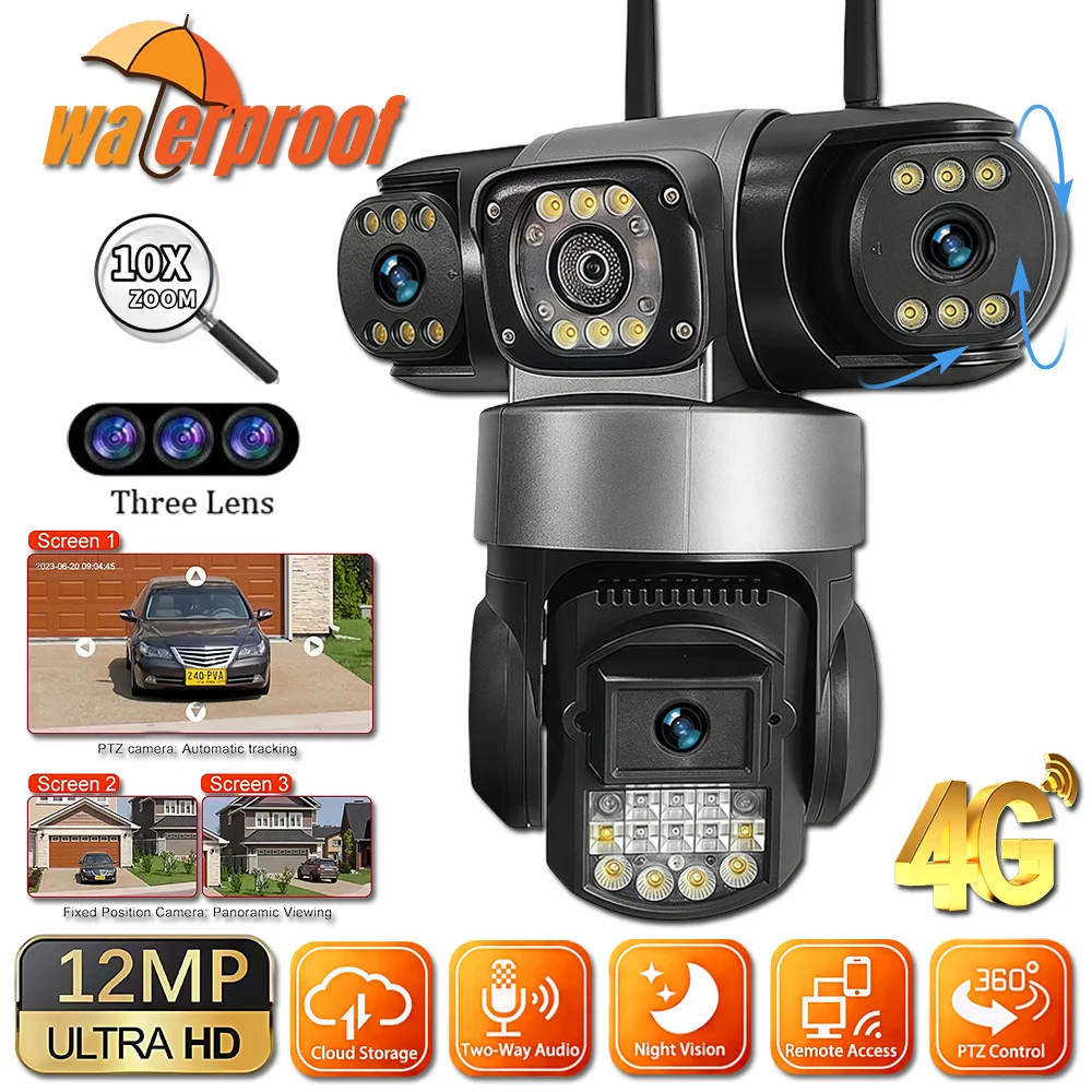 

4G IP Camera Outdoor Triple Lenses Triple Screens Security Video Monitor Night Vision Waterproof CCTV 12MP 6K V380 Pro Cameras