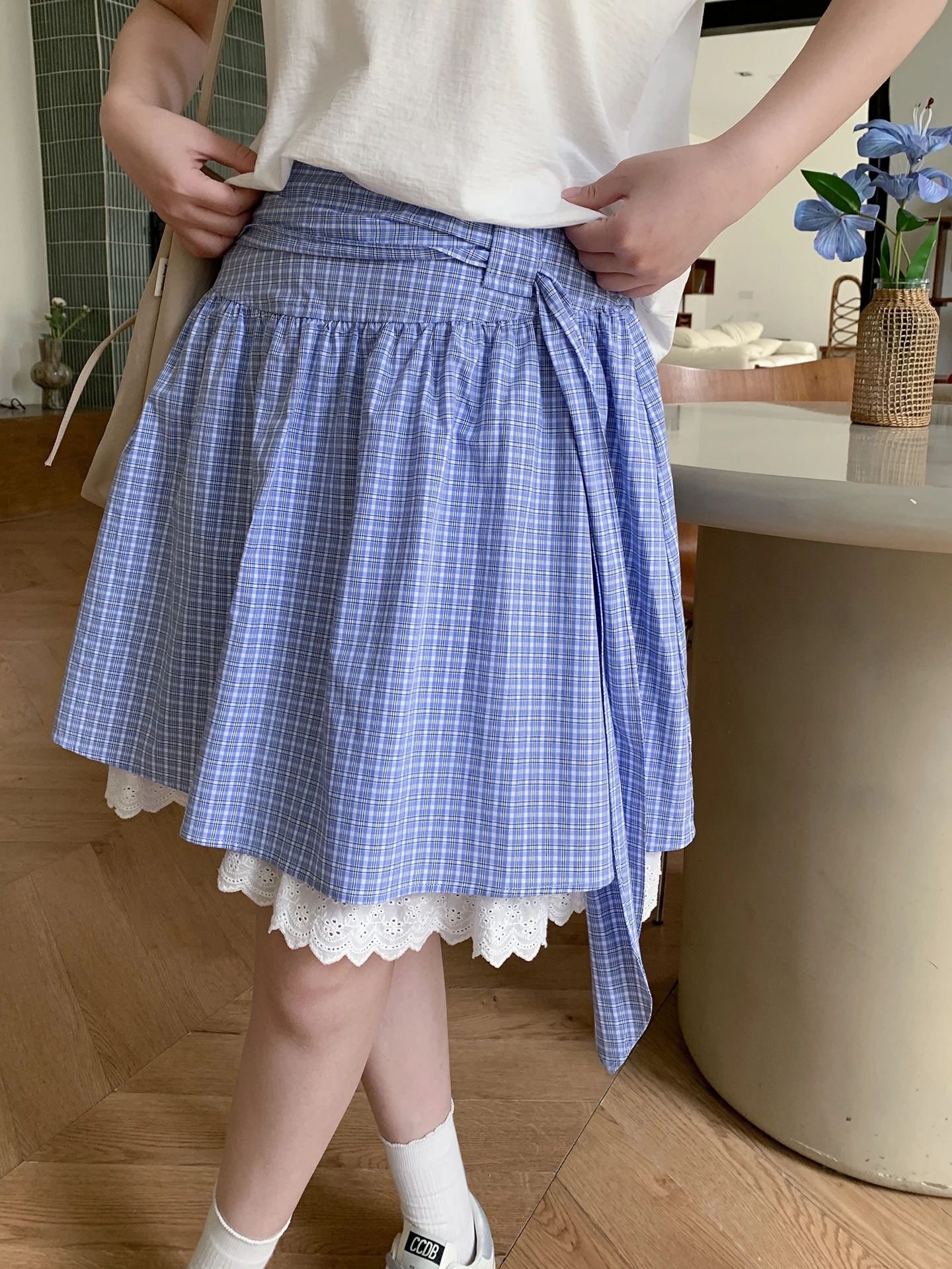 

XuanXuan Vintage Plaid Lace Splicing Skirt Women Sweet Girl Cake Skirt Short Skirt High Waist Cotton Lace Baking Skirt