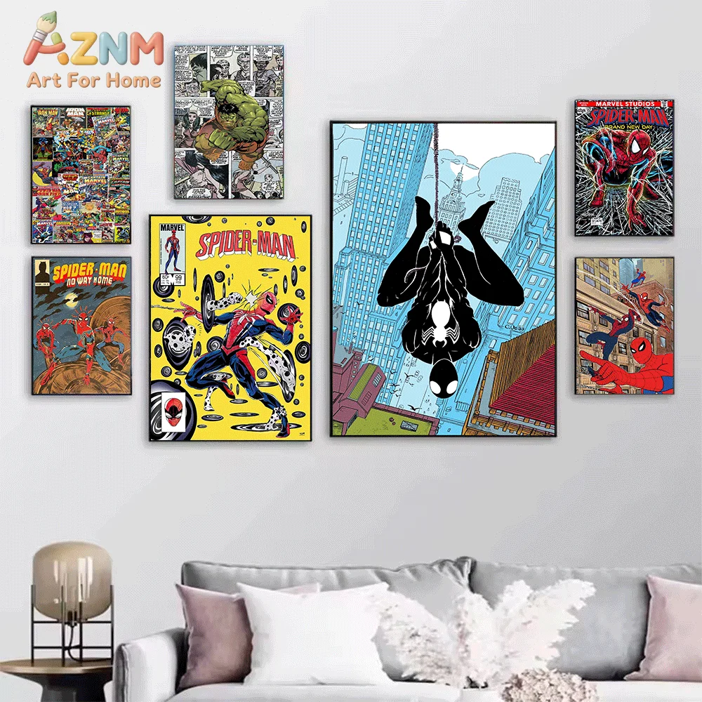 AZNM Spiderman Mask Logo Over Comic Book Background Canvas Wall Print, Retro Superhero Symbol Vintage Comic Art Poster, Unfram