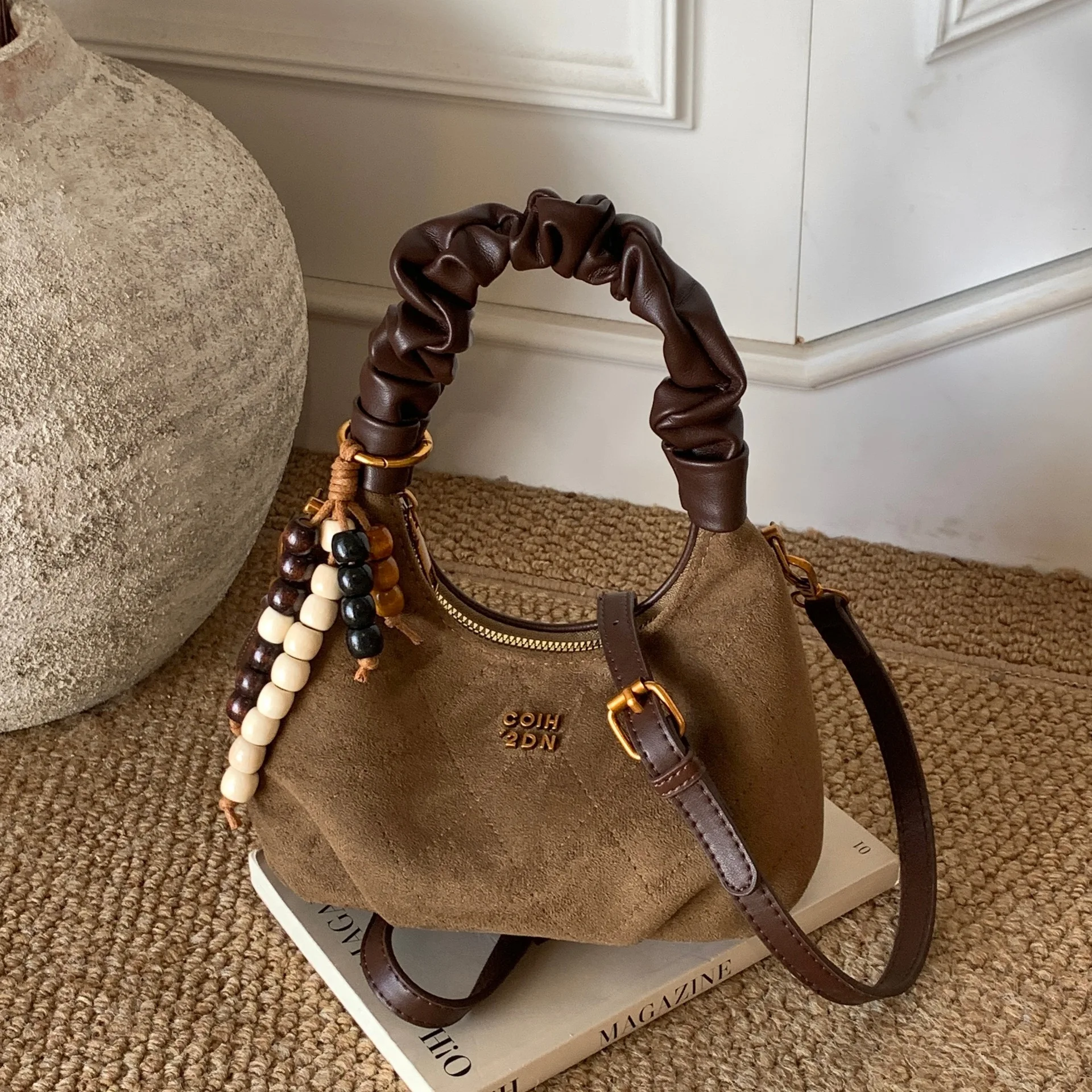 

1pc 2026 New Playful Y2K Ruched-Handle Hobo Bag - Multi-Color Soft Suede & Charming Beaded Detail Crossbody Purse for Women